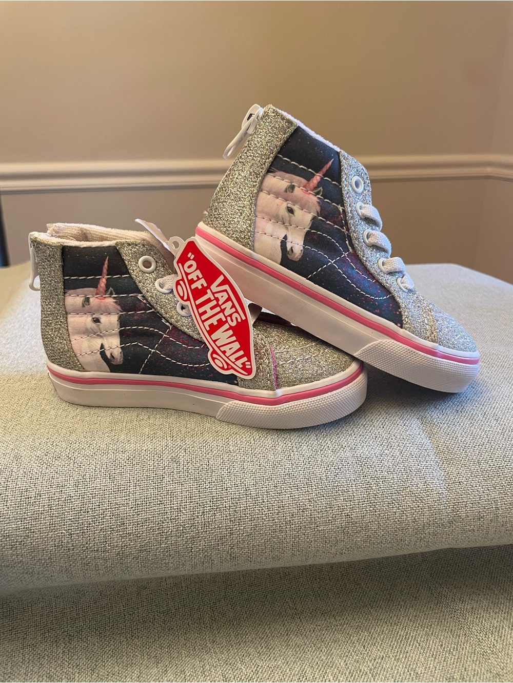Vans Kids Silver Glitter Unicorn High-Top Sneakers with Pink Trim
